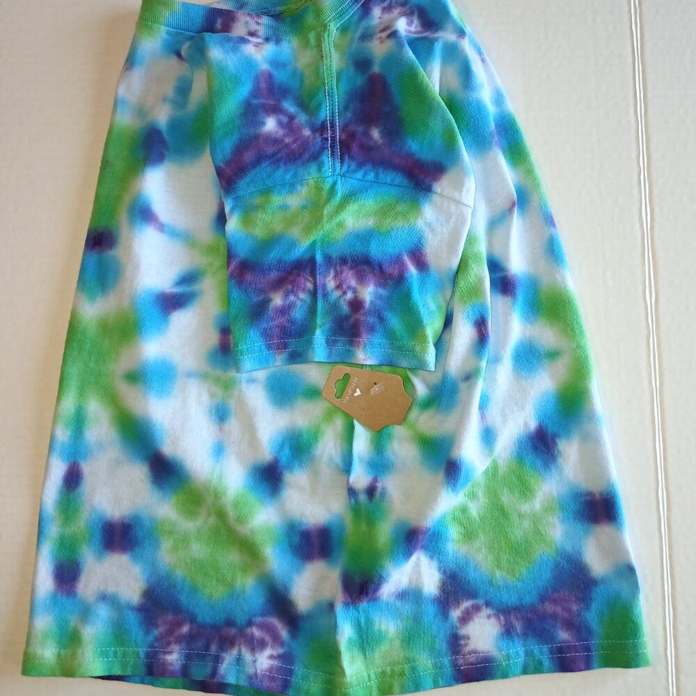 Tie Dye T-Shirt with Groovy Pattern in Indigo Green Blue Short Sleeve Kids Small - Picture 7 of 16